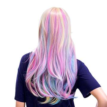 SWACC 26-Inch Long Curly Wave Cosplay Synthetic Wig Mixed Colorful Highlights