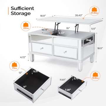 VINGLI Mirrored Lift Top Coffee Table with Ample Storage and Easy Assembly