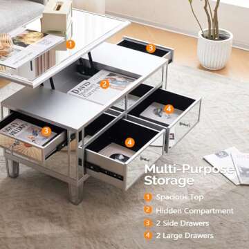 VINGLI Mirrored Lift Top Coffee Table for Modern Living