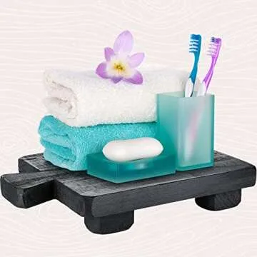 Wood Pedestal Stand Riser Wood Footed Tray for Bathroom Home Kitchen Wooden Soap Holder for Bottles Plant Makeup Tissues Candles Guest Jewelry Soap(Black, 1.57 x 6 x 9 Inch)