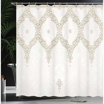 Ambesonne Moroccan Shower Curtain, Ornate Background Traditional Soft Color Eastern Elements and Pattern, Cloth Fabric Bathroom Decor Set with Hooks, 69" W x 84" L, White Umber Camel