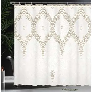 Ambesonne Moroccan Shower Curtain, Ornate Background Traditional Soft Color Eastern Elements and Pattern, Cloth Fabric Bathroom Decor Set with Hooks, 69" W x 84" L, White Umber Camel
