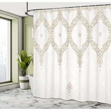 Ambesonne Moroccan Shower Curtain, Ornate Background Traditional Soft Color Eastern Elements and Pattern, Cloth Fabric Bathroom Decor Set with Hooks, 69" W x 84" L, White Umber Camel