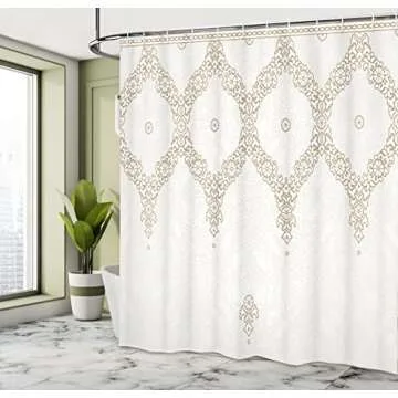 Ambesonne Moroccan Shower Curtain, Ornate Background Traditional Soft Color Eastern Elements and Pattern, Cloth Fabric Bathroom Decor Set with Hooks, 69" W x 84" L, White Umber Camel