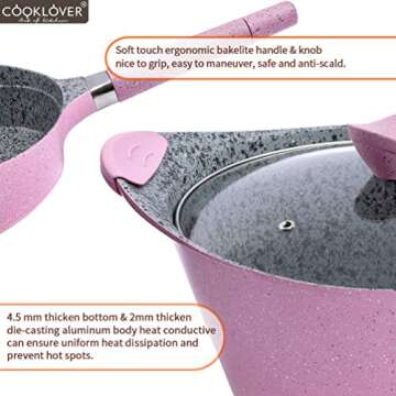 Nonstick Cookware Sets Dishwasher Safe Die Casting Aluminum Induction pots and pans set with Cooking Utensil Pack- 19 Piece - Pink