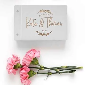 Wedding Guest Book, Personalized Leather Guest Book for Bride and Groom | White | Customized Signing, Registry Book for Visitors, Bridal Shower, Party - 60 Pages, 9.5" x 6.1" D #8