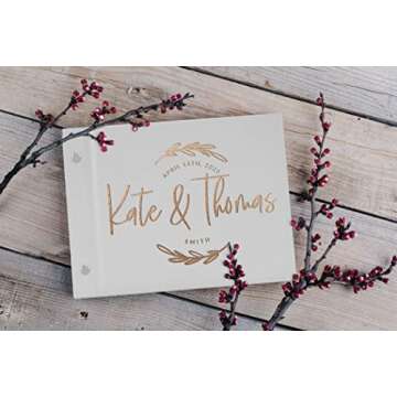 Wedding Guest Book, Personalized Leather Guest Book for Bride and Groom | White | Customized Signing, Registry Book for Visitors, Bridal Shower, Party - 60 Pages, 9.5" x 6.1" D #8
