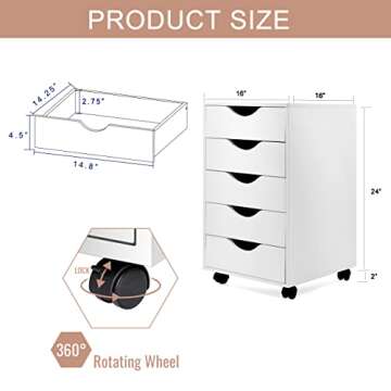 EDGEWOOD 5 Drawer Vertical File Cabinet Filing Storage Wood Organizer Dresser Chest Under Desk, 16" D x 16" W x 26" H, White