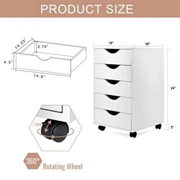 EDGEWOOD 5 Drawer Vertical File Cabinet Filing Storage Wood Organizer Dresser Chest Under Desk, 16" D x 16" W x 26" H, White