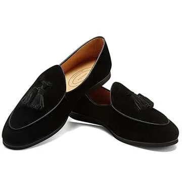 Journey West Men's Tassel Slip-on Loafer Belgian Suede Loafers Casual Leather Shoes for Men Black US 9.5