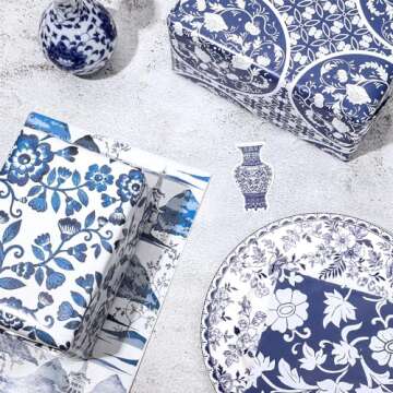 Whaline Blue Chinoiserie Gift Wrap Paper - 12 Sheets