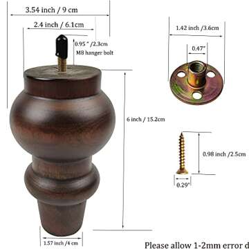 Kualuzt Couch Legs 6 inch Wood bun Furniture feet Set of 4 for Sofa Armchair Ottoman Coffee Table etc with Screw Install kit (6 inch bun Legs)
