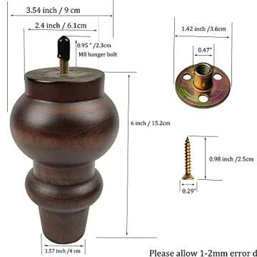 Kualuzt Couch Legs 6 inch Wood bun Furniture feet Set of 4 for Sofa Armchair Ottoman Coffee Table etc with Screw Install kit (6 inch bun Legs)