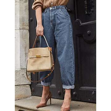 EVALESS Women's Baggy Jeans High Waisted Stretchy Taperred Leg Boyfriend Loose Barrel Denim Trousers Ankle Pants Blue 10