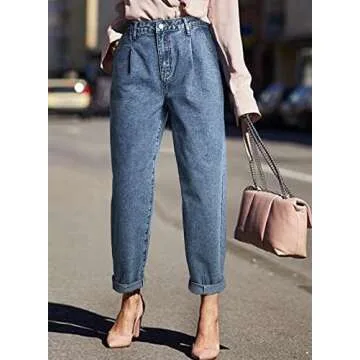 EVALESS Women's Baggy Jeans High Waisted Stretchy Taperred Leg Boyfriend Loose Barrel Denim Trousers Ankle Pants Blue 10