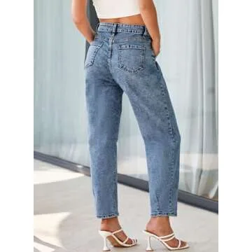 EVALESS Women's Baggy Jeans High Waisted Stretchy Taperred Leg Boyfriend Loose Barrel Denim Trousers Ankle Pants Blue 10