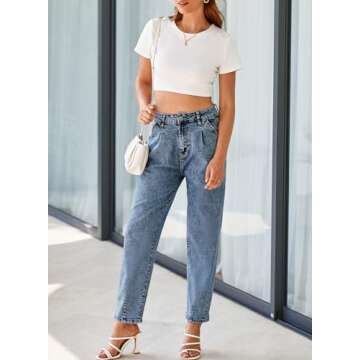 EVALESS Women's Baggy Jeans High Waisted Stretchy Taperred Leg Boyfriend Loose Barrel Denim Trousers Ankle Pants Blue 10