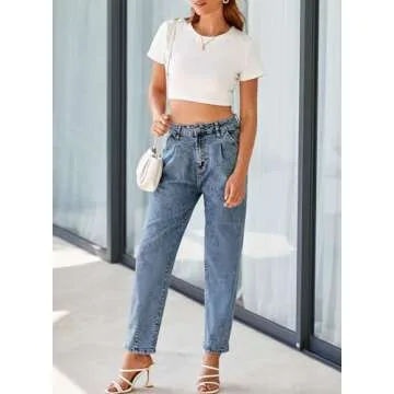 EVALESS Women's Baggy Jeans High Waisted Stretchy Taperred Leg Boyfriend Loose Barrel Denim Trousers Ankle Pants Blue 10