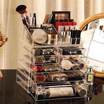 Cq acrylic 3 Pack Clear Makeup Organizer Countertop,Stackable 7 Drawers Skincare Organizer,Cute Skin Care Organizer for Vanity Hair Clip,Jewelry,Beauty Product Desk and Make Up Organizers for Vanity