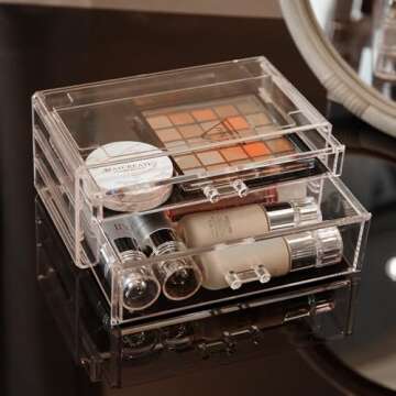 Cq acrylic 3 Pack Clear Makeup Organizer Countertop,Stackable 7 Drawers Skincare Organizer,Cute Skin Care Organizer for Vanity Hair Clip,Jewelry,Beauty Product Desk and Make Up Organizers for Vanity