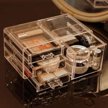 Cq acrylic 3 Pack Clear Makeup Organizer Countertop,Stackable 7 Drawers Skincare Organizer,Cute Skin Care Organizer for Vanity Hair Clip,Jewelry,Beauty Product Desk and Make Up Organizers for Vanity