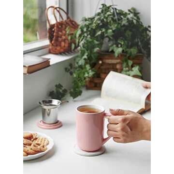Sweese 16 OZ Porcelain Tea Mug with Infuser and Lid, Loose Leaf Tea Cup, Gifts for Tea Lover, Pink
