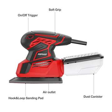 POPULO Electric Sander Tool,Hand Sander 14,000 OPM with 12 Pieces Sandpapers with Vacuum Attachment, Detail Sander with Dust Box for Woodworking,Suitable for Tight Spaces Sanding,Polishing