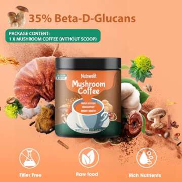 Mushroom Coffee Decaf, Advanced 13 in 1 Mushroom Powder with Lions Mane, Cordyceps, Chaga, Reishi, Instant Coffee Mushroom Supplement with Adaptogens Rhodiola for Immune, Focus, Energy | Vegan