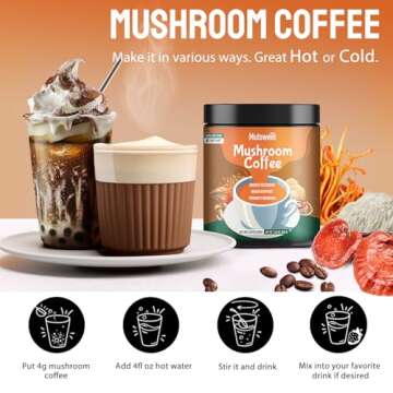 Mushroom Coffee Decaf, Advanced 13 in 1 Mushroom Powder with Lions Mane, Cordyceps, Chaga, Reishi, Instant Coffee Mushroom Supplement with Adaptogens Rhodiola for Immune, Focus, Energy | Vegan