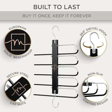 MORALVE Pants Hangers Space Saving - 2 Pack European Beechwood Scarf and Jean Hangers - Closet Organizer and Space Saver Pant Rack, Leggings Hanger, and Scarf Holder with 360° Swivel Hook