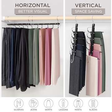 MORALVE Pants Hangers Space Saving - 2 Pack European Beechwood Scarf and Jean Hangers - Closet Organizer and Space Saver Pant Rack, Leggings Hanger, and Scarf Holder with 360° Swivel Hook