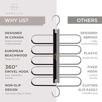 MORALVE Pants Hangers Space Saving - 2 Pack European Beechwood Scarf and Jean Hangers - Closet Organizer and Space Saver Pant Rack, Leggings Hanger, and Scarf Holder with 360° Swivel Hook