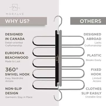 MORALVE Pants Hangers Space Saving - 2 Pack European Beechwood Scarf and Jean Hangers - Closet Organizer and Space Saver Pant Rack, Leggings Hanger, and Scarf Holder with 360° Swivel Hook