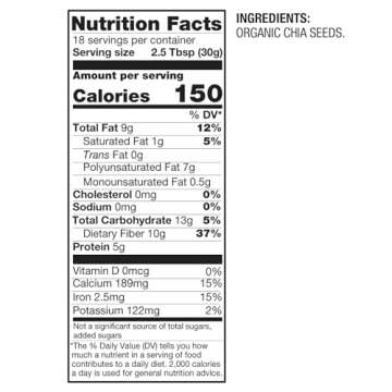 BetterBody Foods Organic Chia Seeds with Omega-3, Non-GMO, Gluten Free, Keto Diet Friendly, Vegan, Good Source of Fiber, Add to Smoothies, 1.25lb