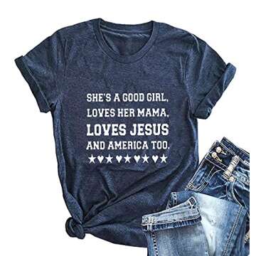 Ykomow She is a Good Girl Loves Her Mama Loves Jesus & America Too Shirt Womens Memorial Day Graphic Tees (Navy, M)