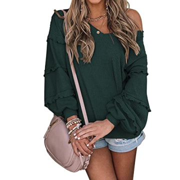 BTFBM Women’s V Neck Long Sleeve Blouse Loose Fit Tunics Ruffles Off Shoulder Waffle Knit Solid Co...