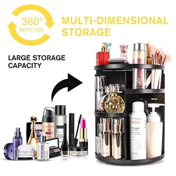 GIVIMO 360 Rotating Makeup Organizer Adjustable Makeup Carousel Spinning Holder Rack Large Capacity Make Up Cosmetic Storage Display Box for Bedroom Dresser or Vanity Countertop(Black)
