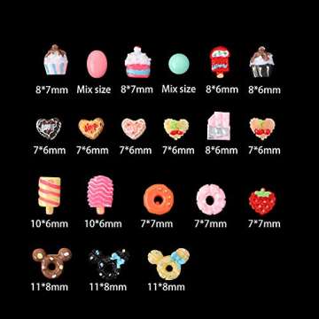 MELINDS 400pcs Nail Charms Nail Art Resin Candy Charms Multi Shape 3D Flatback Resin Candy Sugar Design Cake Donuts Ice Cream Nail Design Kit with Rhinestones Picker and Tweezers