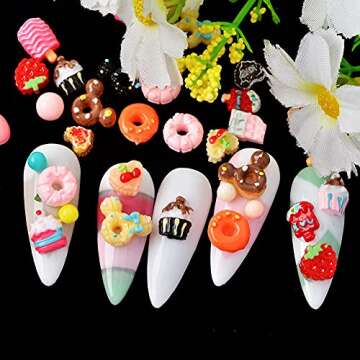 MELINDS 400pcs Nail Charms Nail Art Resin Candy Charms Multi Shape 3D Flatback Resin Candy Sugar Design Cake Donuts Ice Cream Nail Design Kit with Rhinestones Picker and Tweezers