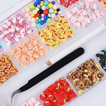 MELINDS 400pcs Nail Charms Nail Art Resin Candy Charms Multi Shape 3D Flatback Resin Candy Sugar Design Cake Donuts Ice Cream Nail Design Kit with Rhinestones Picker and Tweezers