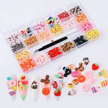 MELINDS 400pcs Nail Charms Nail Art Resin Candy Charms Multi Shape 3D Flatback Resin Candy Sugar Design Cake Donuts Ice Cream Nail Design Kit with Rhinestones Picker and Tweezers