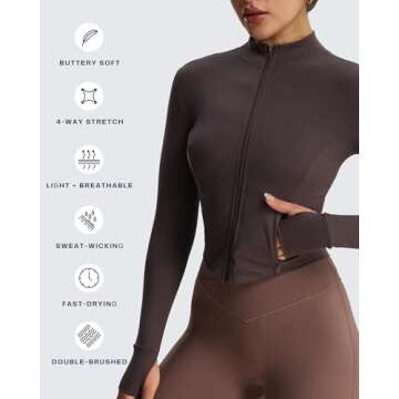 Aoxjox Women's Full Zippered Geo Zip Jacket Workout Running Long Sleeve Thumbhole with Pockets Cardigan (Mulch, Medium)