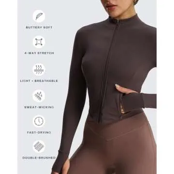 Aoxjox Women's Full Zippered Geo Zip Jacket Workout Running Long Sleeve Thumbhole with Pockets Cardigan (Mulch, Medium)