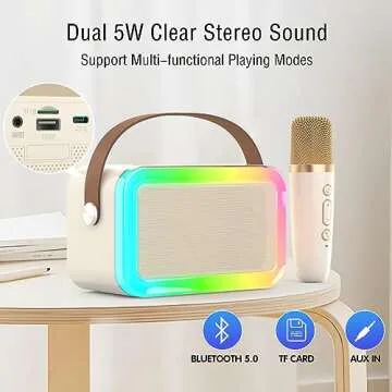 Mini Karaoke Machine,Funny Toys Christmas Birthday Gifts for Kids Age 4-12 Girls,Boys,Adults,MEGUO Karaoke Microphone Toys for 4,5,6,7,8,9,10,11,12+ Year Old Girls Boys (Beige 1 mic -Rainbow Lights)