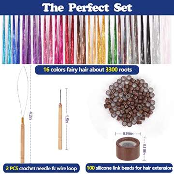 16 Colors Hair Tinsel Kit, ELASO 48 Inches 3300 Strands Tinsel Hair Extensions, Fairy Hair Tinsel fo...