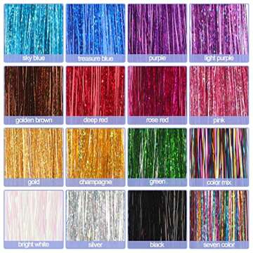 16 Colors Hair Tinsel Kit, ELASO 48 Inches 3300 Strands Tinsel Hair Extensions, Fairy Hair Tinsel for Christmas Halloween Cosplay Party, Highlights Sparkling Glitter Hair