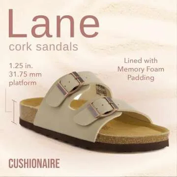 CUSHIONAIRE Lane Cork Footbed Sandals for Women – Comfortable Double Buckle Slip-On with Genuine S...
