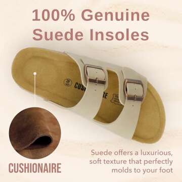 CUSHIONAIRE Lane Cork Footbed Sandals for Women – Comfortable Double Buckle Slip-On with Genuine Suede Footbed & Arch Support Slides for Women Footwear, STONE 8W