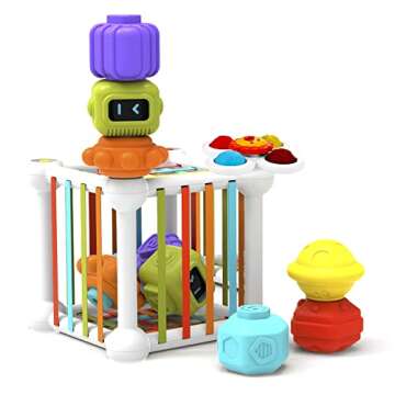 Montessori Toys for 1 Year Old,Baby Sorter Toy Colorful Cube and 6 Pcs Multi Sensory Shape,Learning Activity for Fine Motor Skills,Suction Cup Toys,Gifts for Baby Toys 12-18 Months