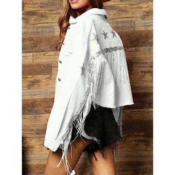 Yinawsky Women's Fringe Rhinestones Denim Jacket for Fashion